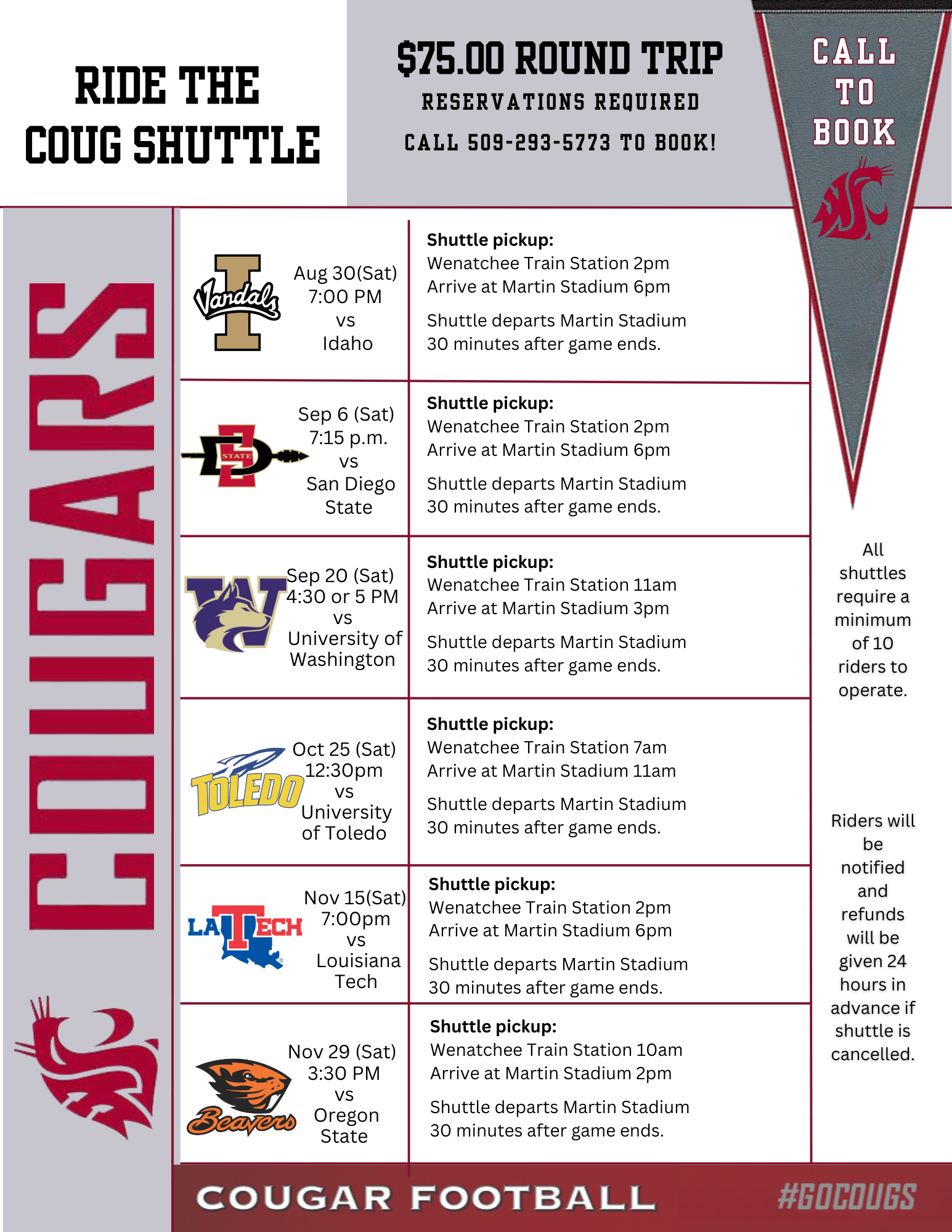 WSU Football Shuttle Schedule